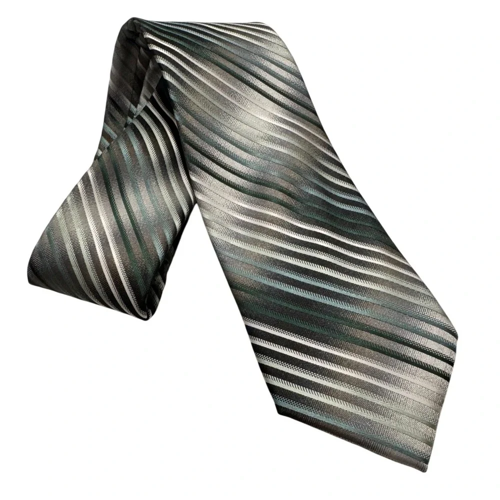Van Heusen Mens Necktie Grey Green White Diagonal Striped Microfiber Tie